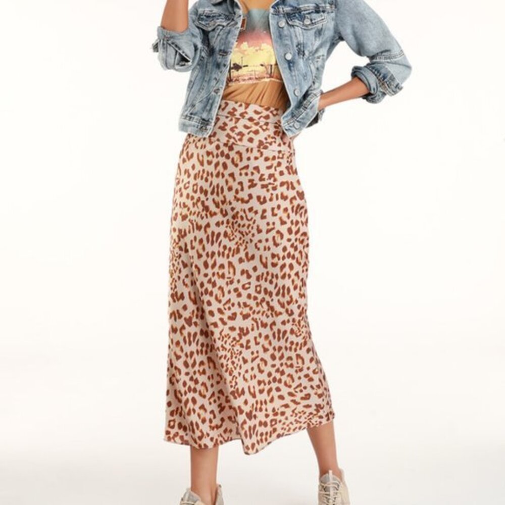 Free People Normani Leopard Print Satin Midi Skirt